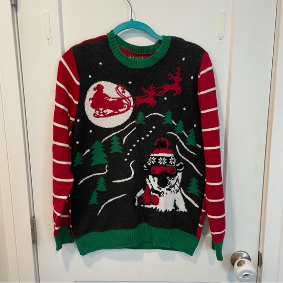 Ugly Christmas Sweater Knit Pullover Polar Bear Santa Stripes Size Medium - Picture 1 of 5
